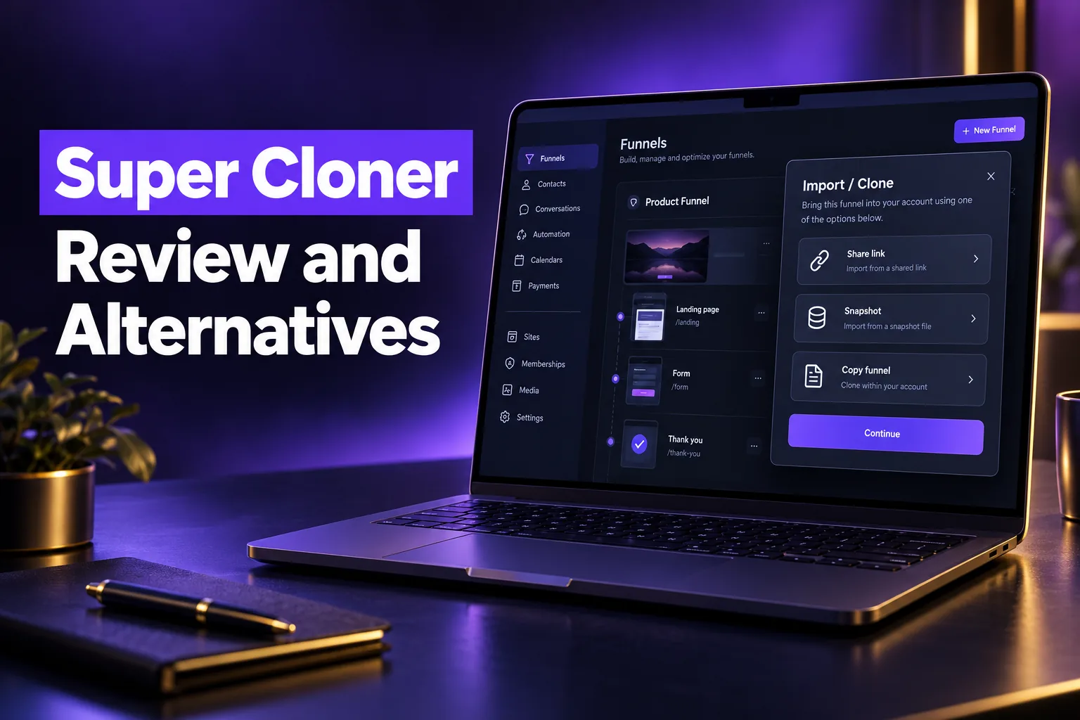 Super Cloner review: GoHighLevel funnels screen with share link, snapshot and copy funnel options