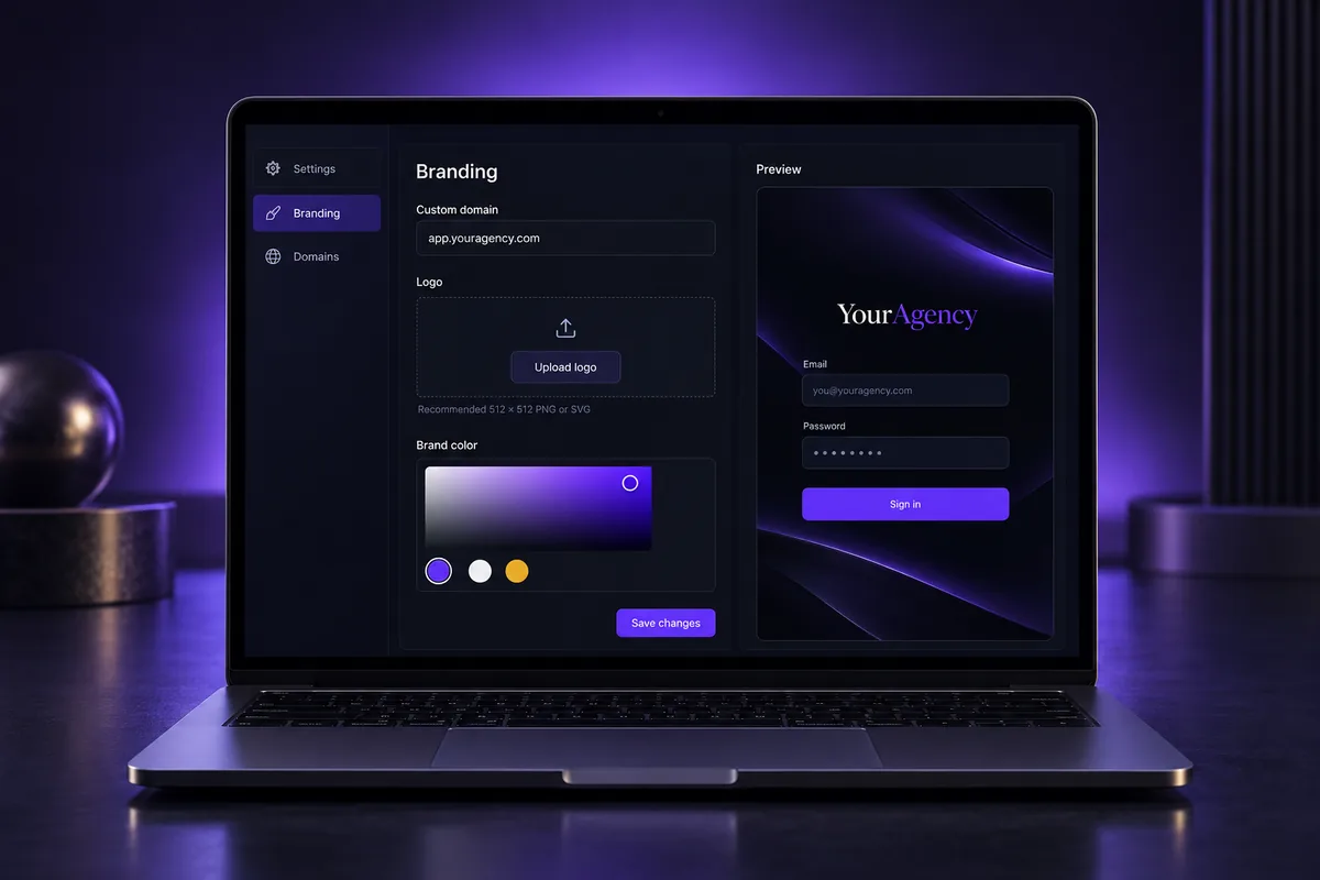 White label settings: custom domain, logo and brand colors for agency clients