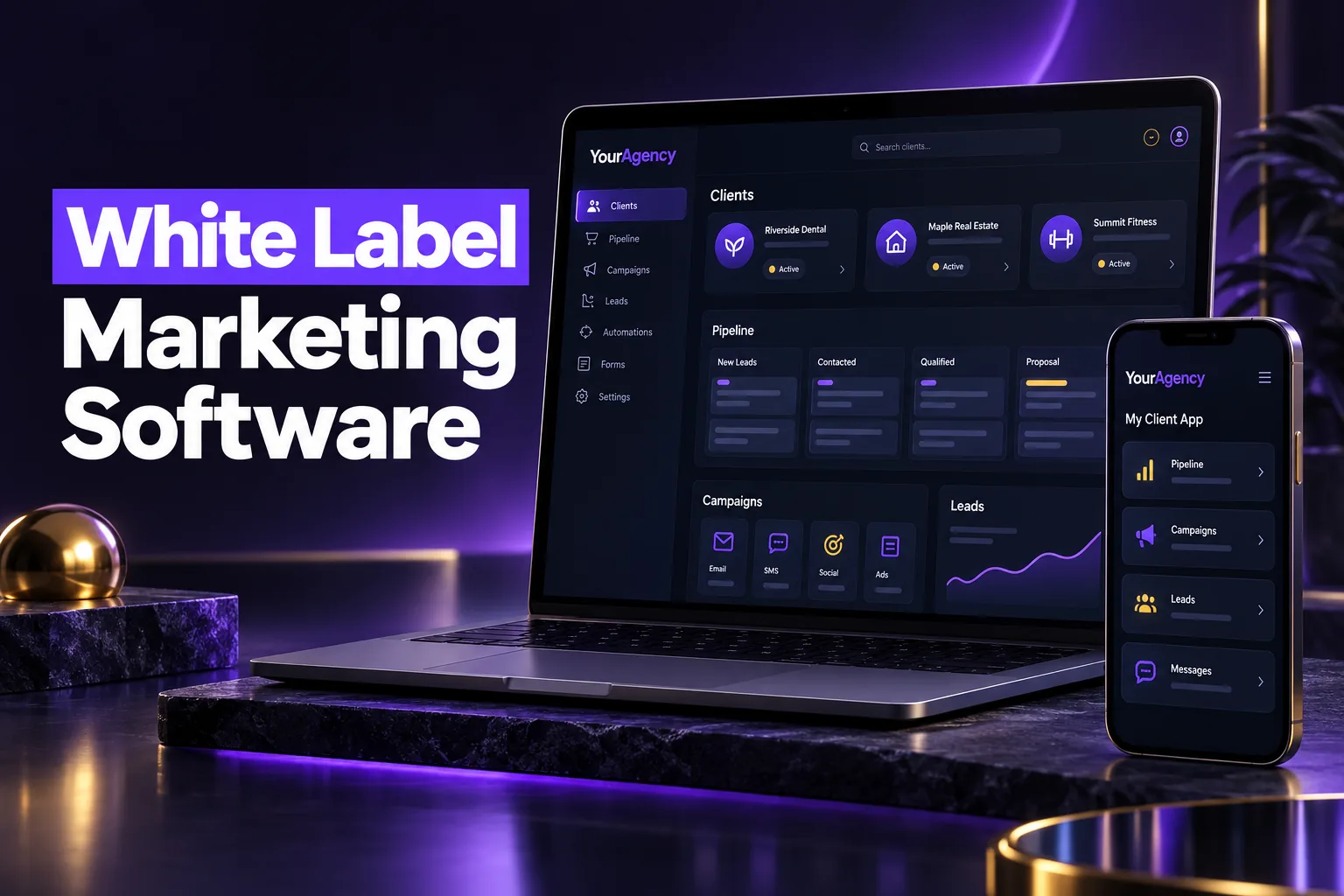 White label marketing software dashboard branded with an agency's own logo for clients